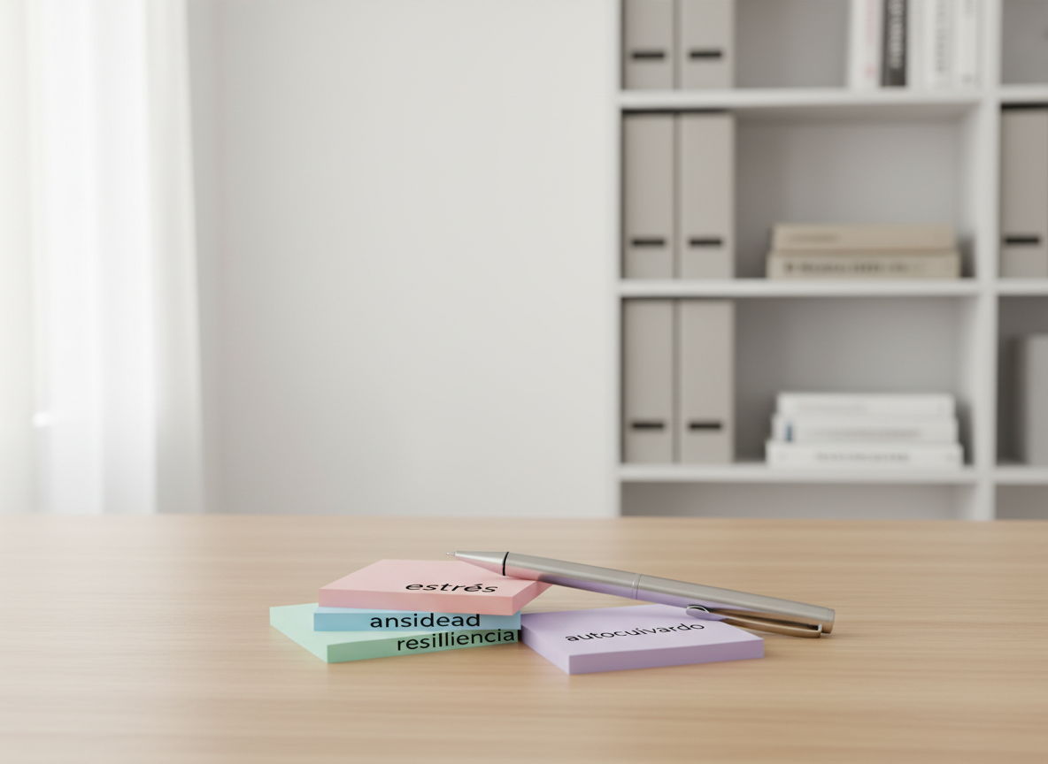 A stack of pastel-colored sticky notes neatly arranged on a light oak table, each note displaying clear printed words like “estrés”, “ansiedad”, “resiliencia” and “autocuidado” in clean sans-serif type. A sleek silver pen rests diagonally across the top note, emphasizing reflection and planning. The scene is set in a bright, minimal office with neutral walls and a blurred bookshelf in the background, filled with orderly binders and psychology books. Soft, diffused daylight from an unseen side window creates a calm glow and minimal shadows. Shot in photographic realism from a slightly elevated angle, with the notes at the rule of thirds, the composition feels clean, modern and professional, evoking structured understanding of mental health concepts.