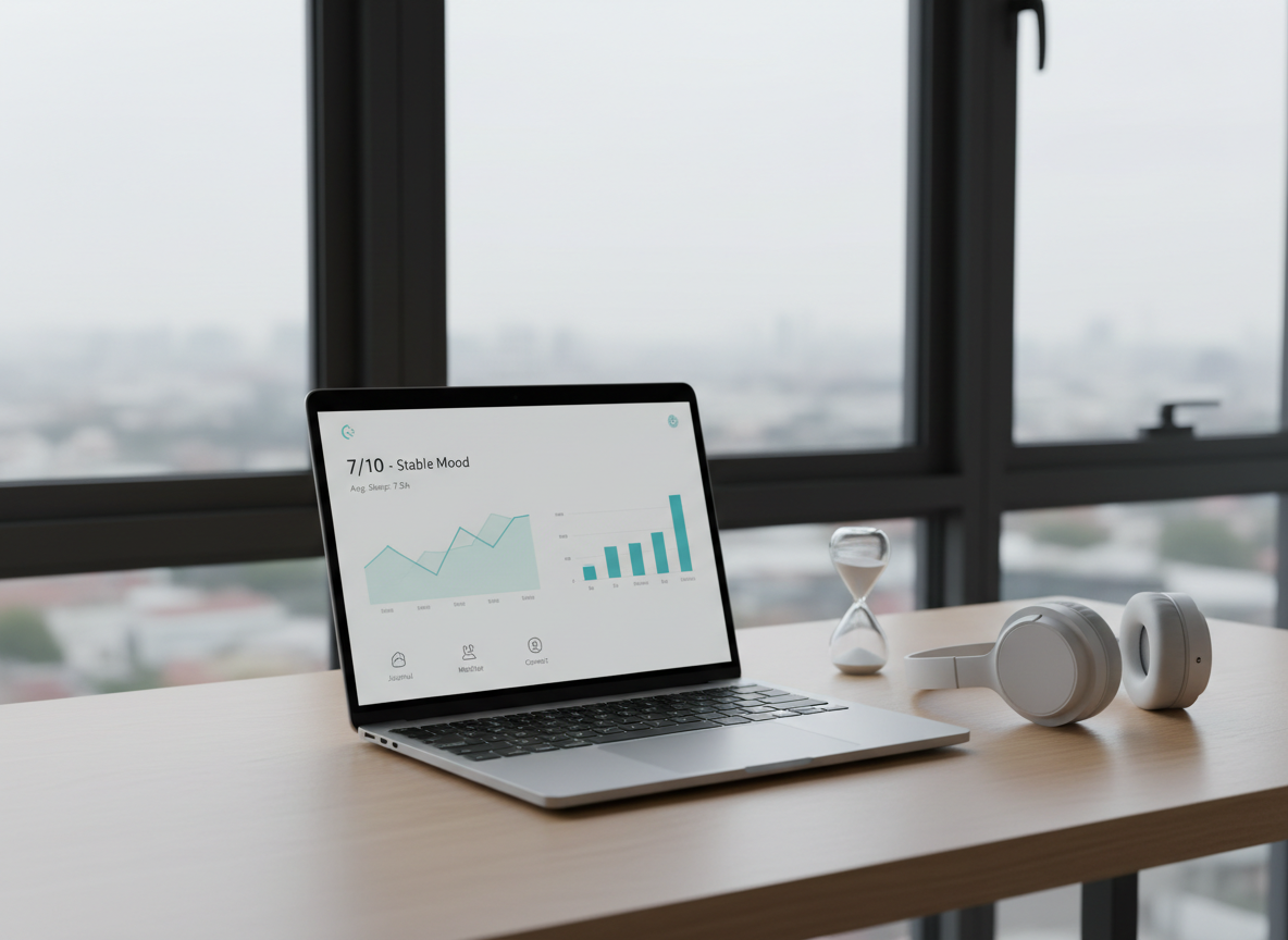 A minimalist workspace featuring a slim laptop displaying a simple mood-tracking dashboard with clean graphs and calming blue and teal tones. The laptop sits on a smooth light-wood desk, accompanied by noise-cancelling over-ear headphones and a small sand hourglass, symbolizing balance between technology and mindful time. Behind, a large window reveals an out-of-focus cityscape bathed in gentle overcast light, keeping distractions minimal. Soft natural light washes across the desk surface, creating subtle reflections on the laptop’s metallic body. Photographic realism with a slightly elevated, three-quarter angle and moderate depth of field keeps the interface in sharp focus while the environment softly recedes. The atmosphere is modern, focused and supportive of digital mental health tools.