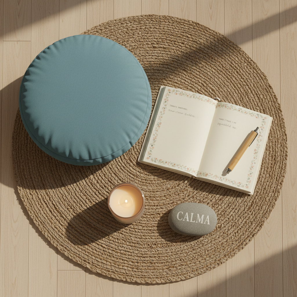 An overhead photographic view of a calming self-care corner: a round natural-fiber rug on light wooden flooring, a neatly placed soft teal cushion, and an open guided journal with structured prompts about emotions and gratitude. Nearby, a lit soy candle in a frosted glass container emits a warm, gentle glow, next to a smooth stone engraved with the word “calma”. Diffused afternoon light from an unseen window softly illuminates the scene, creating delicate shadows and warm highlights. The composition is balanced and uncluttered, with elements arranged in a circular flow to guide the eye. The mood is nurturing, safe and introspective, perfectly suited to themes of emotional intelligence and psychological wellbeing.