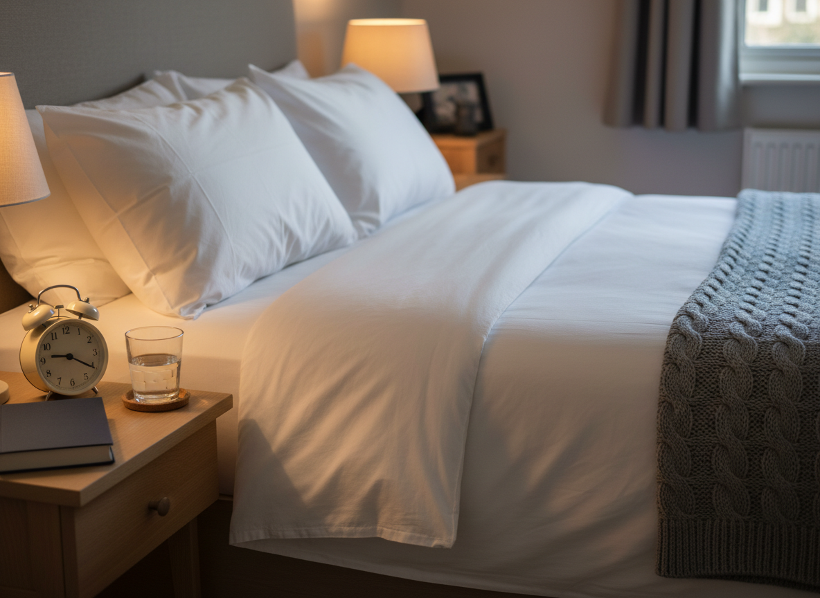 A close-up of a neatly made bed with crisp white linens and a soft gray knitted blanket folded at the foot, emphasizing restful sleep for mental wellbeing. On the bedside table, a small analog alarm clock with a simple white face, a closed navy-blue hardcover book and a glass of water sit arranged with intentional order. The room is lit by warm, dim bedside lamp light, creating gentle, cozy shadows and a sense of evening calm. Photographic realism from an eye-level perspective focuses on the bedside area, with the rest of the room softly blurred. The mood is tranquil, safe and restorative, subtly communicating the importance of sleep hygiene for emotional balance.